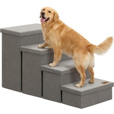 4 Step Grey Dog Stairs with Storage, 23" High Folding Pet Steps