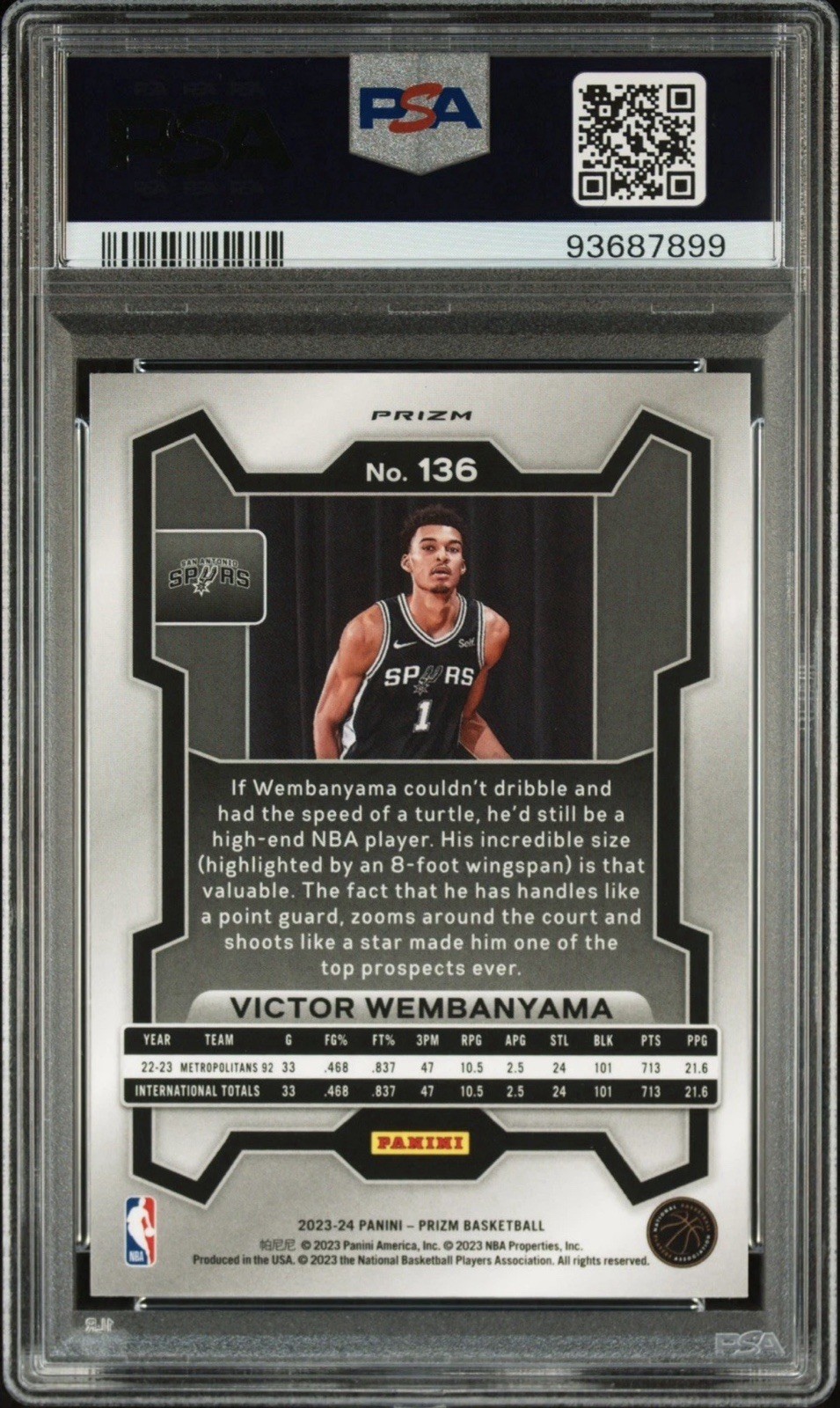 2023-24 Panini Prizm Victor Wembanyama RC Prizm Red Ice #136 Spurs PSA 10 view 2
