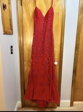 Red Floral Embroidered Chiffon Gown with Straps V-Neck Sleeveless Formal