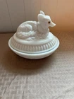 Vintage Westmoreland White Milk Glass Fox on Nest Covered Candy Dish Basket