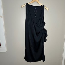 GAP Women's Black Satin Wrap Dress Midi Tie Waist Sleeveless Size L NWT Party