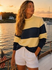 J Crew Sweater WMNS M 1988 Rollneck Blue Yellow Striped Cotton Fisherman Coastal
