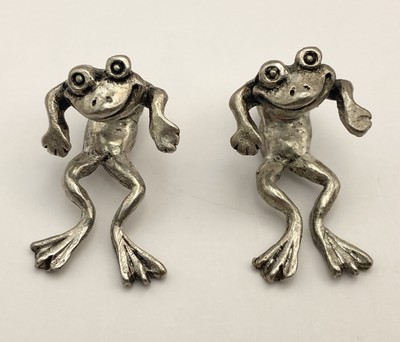 Dangling Frog Earrings Vintage Silver Tone Pewter Pass Thru Two Piece Pierced