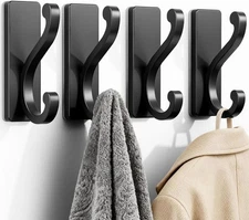 Wall Hooks Coat Hooks Black, 4 Pack Self Adhesive Hook for Clothes, Towel, Keys,