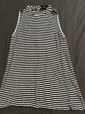 Minkpink Womens Sz Med Navy Striped Semi Sheer Mock Neck Back Cutout Swing Dress
