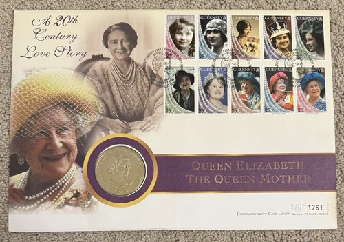 1999 Guernsey £5 Coin In FDC 10 Stamps. Queen Mother A 20th Century Love Story