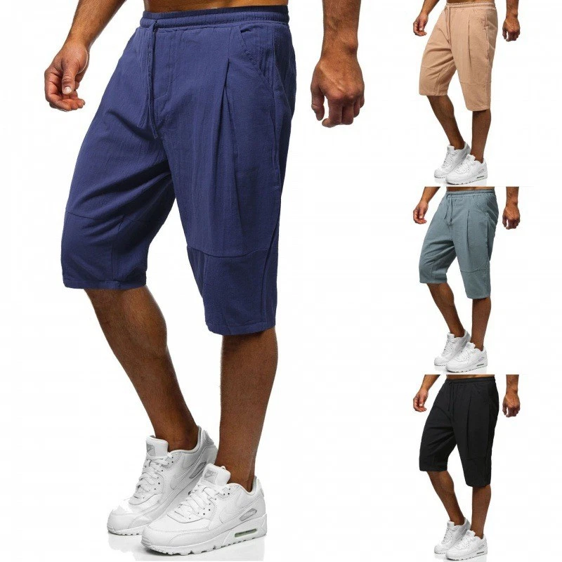 Men's Loose Fitting Casual Cotton and Linen Shorts, Solid Color Quarter Pants