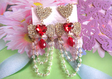 VALENTINE RED HEARTS CRYSTAL DANGLE BEADS VALENTINE EARRINGS NWT