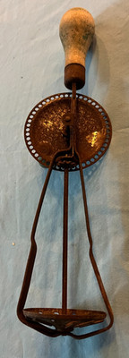 Rare Antique Metal Egg Beater Very Unusual 13'' Wooden Handle