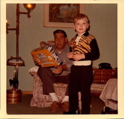 Vintage Found Photograph  Man and boy in living room with book and decor