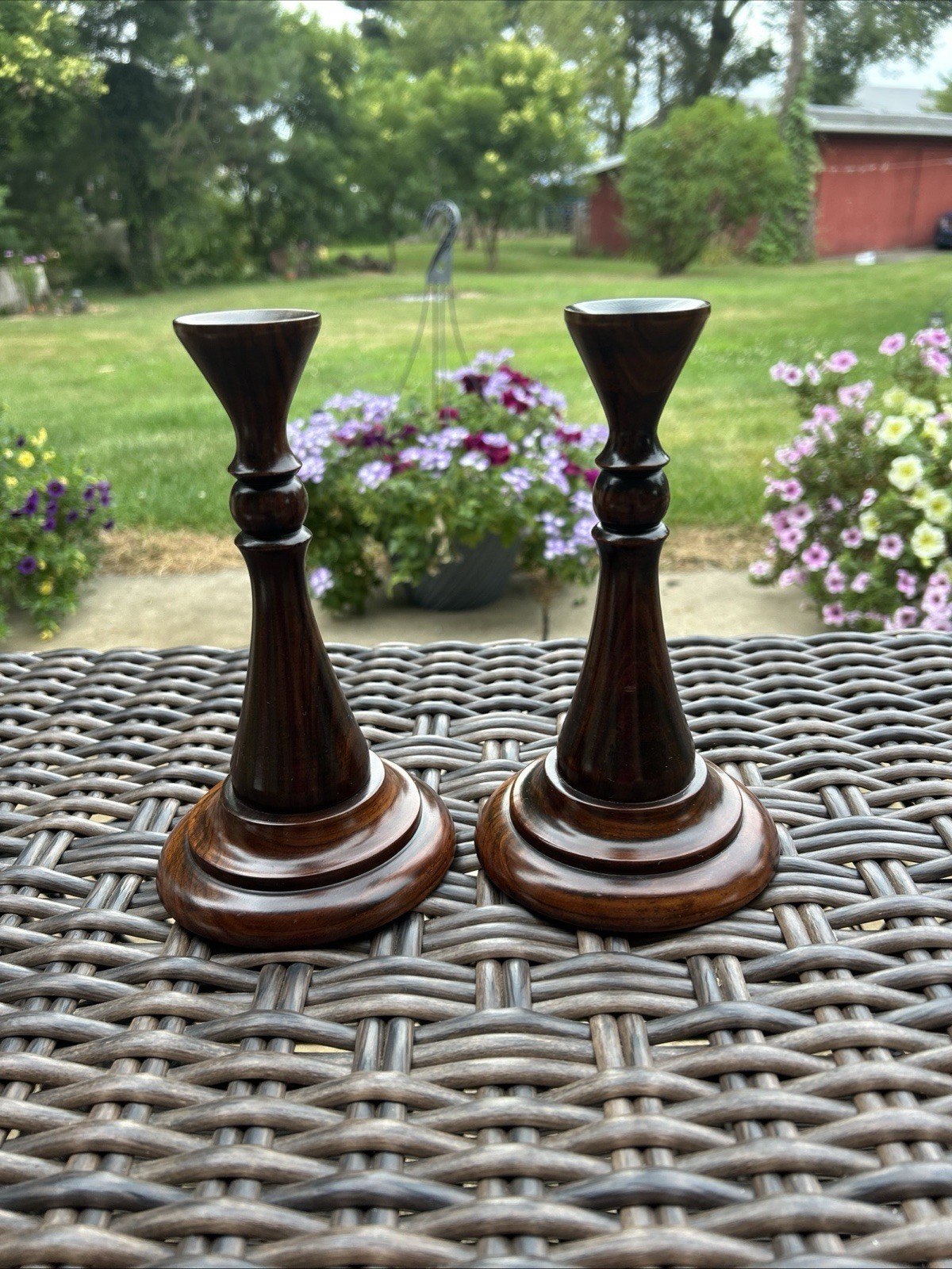 Pair of vintage carved wood candlestick holders