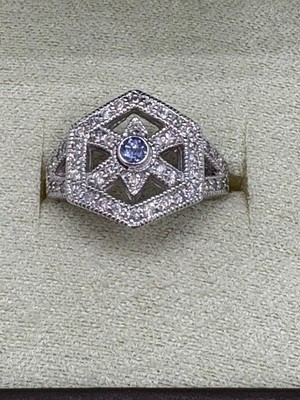 14k Weißgold runder Ring 0,82ct natürlicher Tansanit Zargenfassung Diamant Sternhaufen