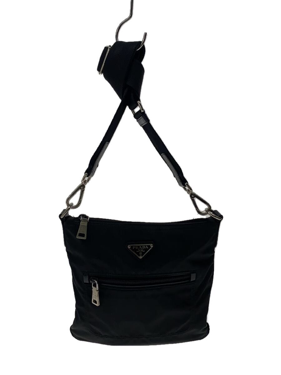 PRADA Black Nylon Shoulder Bag with Iconic Triangle Logo Plate