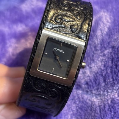 Fossil JR-9674 Distinctive Black Leather Cuff Band Square Stainless Case