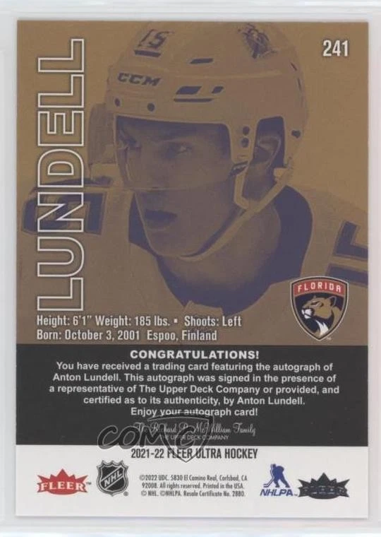 2021 Fleer Ultra Rookies Silver Rainbow Foil Anton Lundell #241 Rookie Auto RC - Image 2 of 2