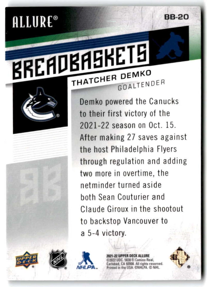 2021-22 Upper Deck Allure Breadbaskets #BB-20 THATCHER DEMKO  Vancouver Canucks - Image 2 of 2