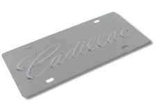 Chrome Cadillac Script Silver Emblem Premium Steel License Plate with 3D Logo