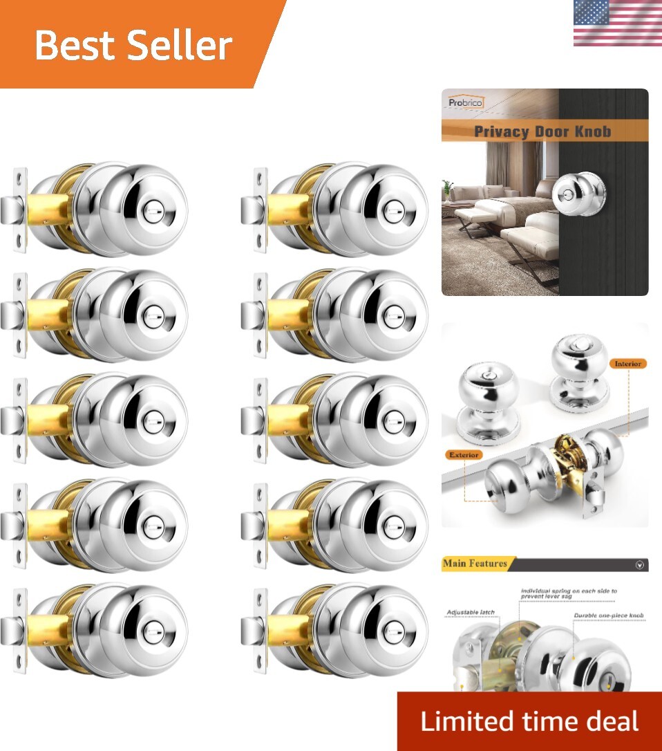 Universal Privacy Door Knob Set - 10 Pack Polished Chrome, Easy Screw-In Install-image