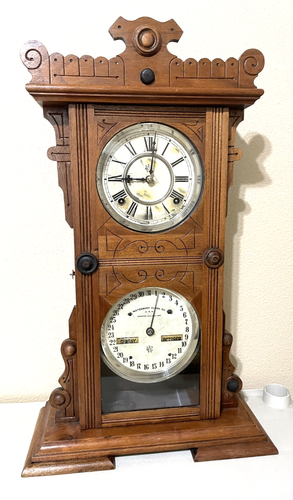 Antique 1890s WATERBURY # 44 WALNUT DOUBLE DIAL CALENDAR SHELF CLOCK WORKING