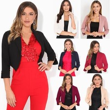 Womens Evening Shrug Bolero Crop Top 3/4 Sleeve Open Jacket Blazer Party Work