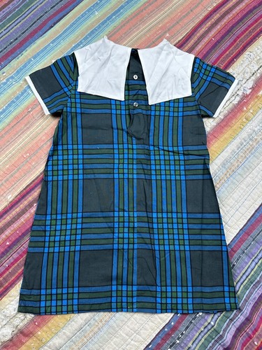 Vtg 60s 70s Cinderella Blue Green Plaid Girls Square Puritan Collar Dress Sz 5 - Picture 11 of 12