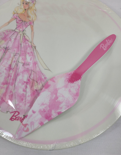 NEW 2014 Barbie Pink & White Plastic 12" Cake Plate & Server Set Sealed W/Box - Picture 11 of 13