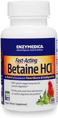 Enzymedica Betaine HCI 600mg 60 Capsules, Relief of Heartburn & Indigestion