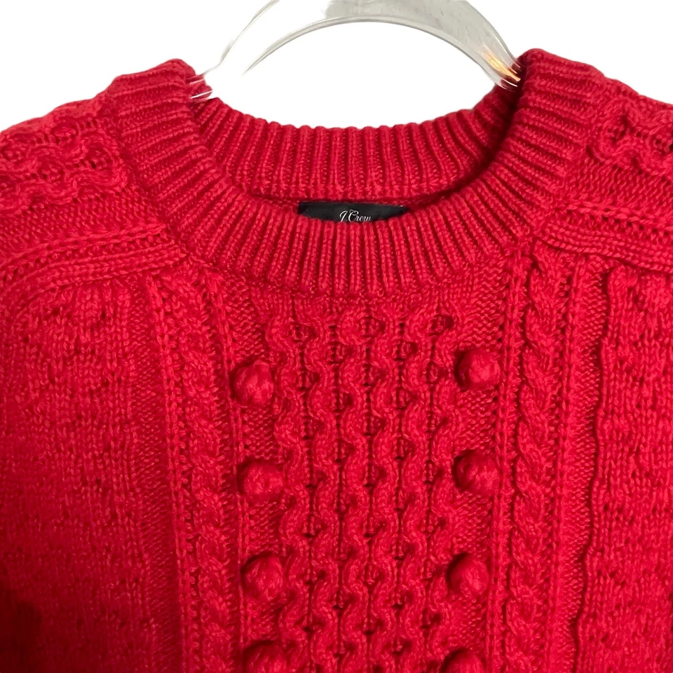 J. Suéter Crew Cable Tejido Rojo Talla S Grueso Tejido Pom Pom Mezcla Lana Foto 3 de 4