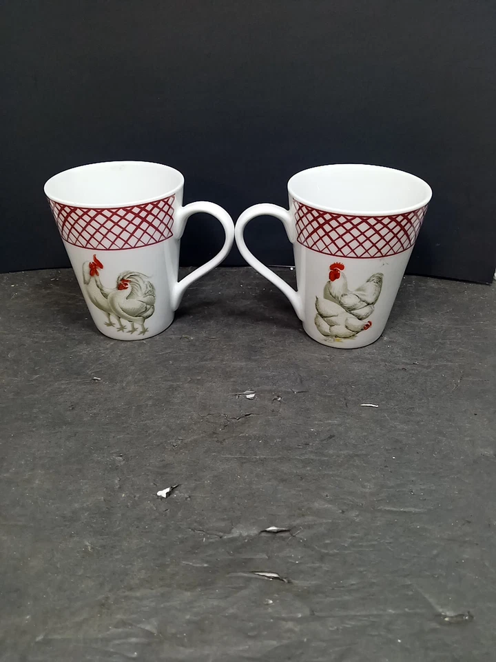 ❤️ Juego básico de porcelana para el hogar 2 tazas de café gallo de pollo granja Foto 3 de 4