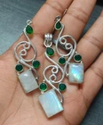 Natural Rainbow Moonstone Pendant Earrings Set 925 Sterling Silver Jewelry Women