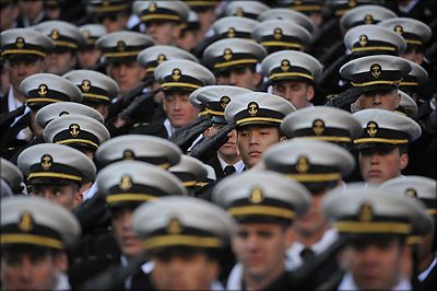 Poster, Many Sizes; Navy Midshipmen Render Honors During National Anthem