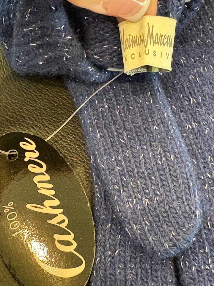 NEIMAN MARCUS 100% Cashmere Gloves Blue w/ Glitter Threads NWT - Image 4 of 4