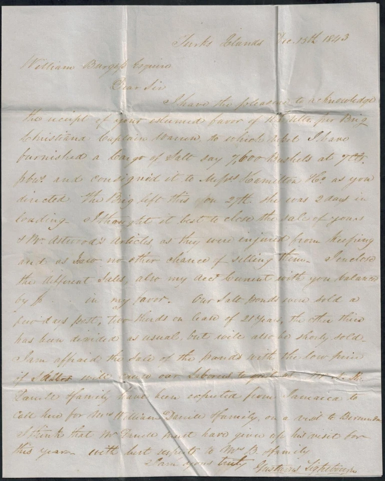 Bermuda 1843 Salt Operations Cover Turks Islands to Bermuda w/Nassau CDS RARE - Image 3 of 3