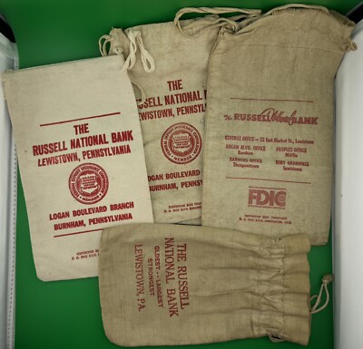 LOT OF 4 The Russell National Bank Vintage Canvas Bank Bags Lewistown Burnham PA