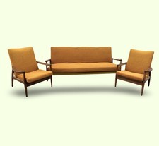 Original 1960s Mid Century Danish Style Elm Framed Sofa Day Bed + 2 Armchairs