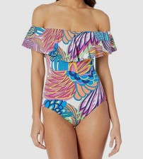 Trina Turk Women's Blue Paradise Ruffle One Piece Swimwear Size 4