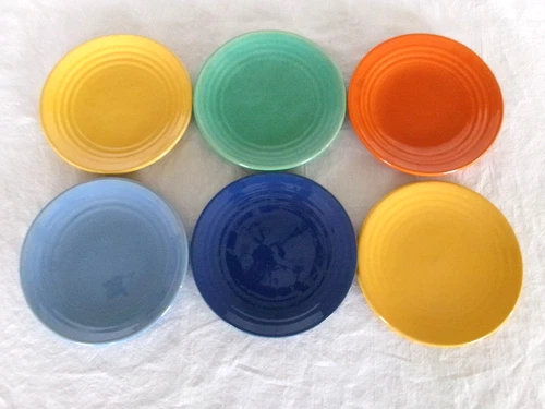6 BAUER RING WARE 6" BREAD PLATES - 2 Yellow, Red, Green, Lt Blue, & Cobalt Blue