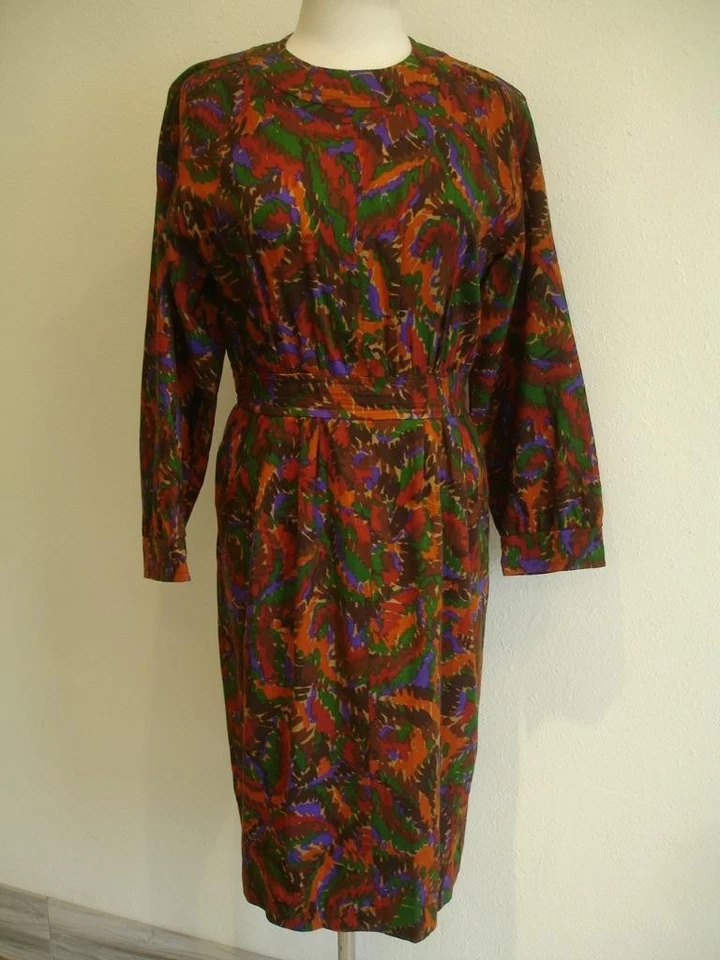 Vestido feminino M L vintage década de 1970 YSL Saint Laurent Rive Gauche estampa floral bolsos - Imagem 2 de 4
