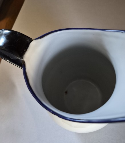 Vintage 9" White & Black Accent Enamelware Pitcher Rustic Farmhouse Home Decor - Picture 3 of 5