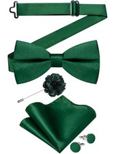 Mens Satin Pre-tied Bowtie Shiny Solid Bow Tie and Pocket Square Emerald Green