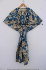 Women Hippie Summer Cotton Sleepwear Floral Print Blue Long Maxi Caftan Dress