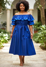 10.Deep Women’s Blue Solid Off Shoulder Ruffle Belted A-Line Midi Dress L