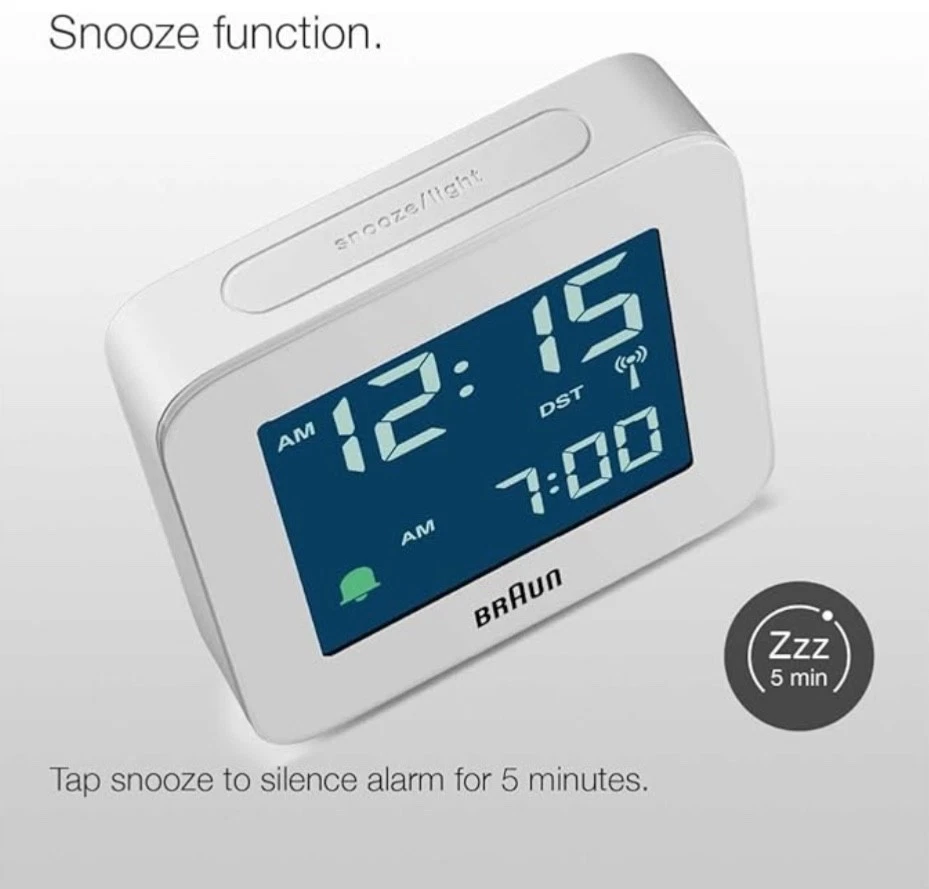 Braun Digital Alarm Clock LCD Snooze White 7x7cm BC09W RRP £35 - Image 4 of 4