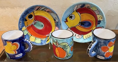 LOT of 5 Vtg LA MUSA Hand Paint Italy; 2 pasta 8''Bowls, 3 Mugs, Marshall Field's