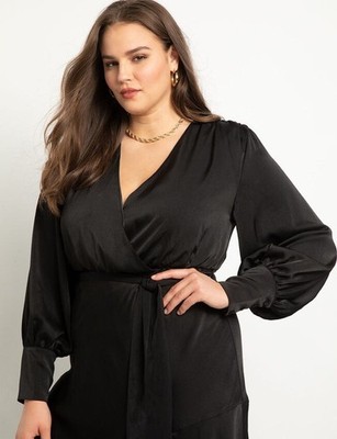 Eloquii Sz 18 Black Satin Formal Dress Shoulder Pads Tall Cuffs Front Slit VNeck