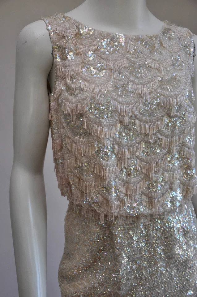 Vestido de novia de fiesta vintage años 60 arco iris iridiscente rosa azul con cuentas lentejuelas XS Foto 3 de 4