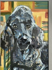 Original Painting Black Poodle Collage mixed media contemporary FRAMED art