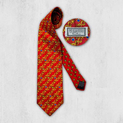 Versus Versace Krawatte Rot Gold Seide Barock Löwenkopf Vintage Made in Italy