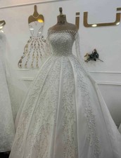 White Beaded Satin Ball Gown Wedding Dress Train Long Sleeve Portrait Neckline
