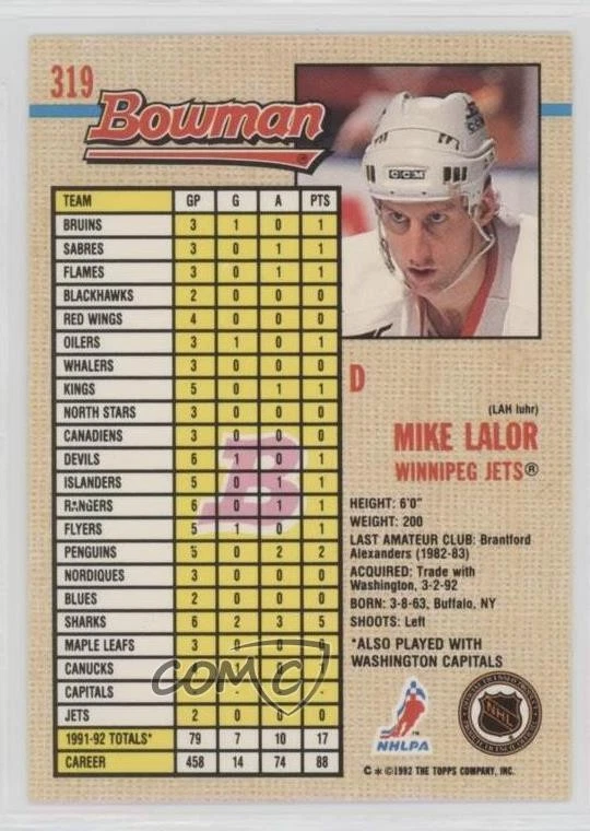 1992-93 Bowman Mike Lalor #319 - Image 2 of 2